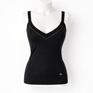 Dolce & Gabbana Black V-Neck Knit Tank Gold Chain Trim DG Logo NWOT IT 10